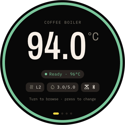 Telve's round screen showing the coffee boiler at 94.0 °C, ready, with steam level, pre-brew and the scale badge